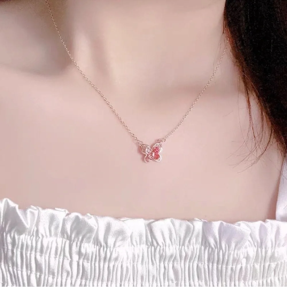 Elegant Cold Tone & Pink Butterfly Pendant Necklace - NWOT